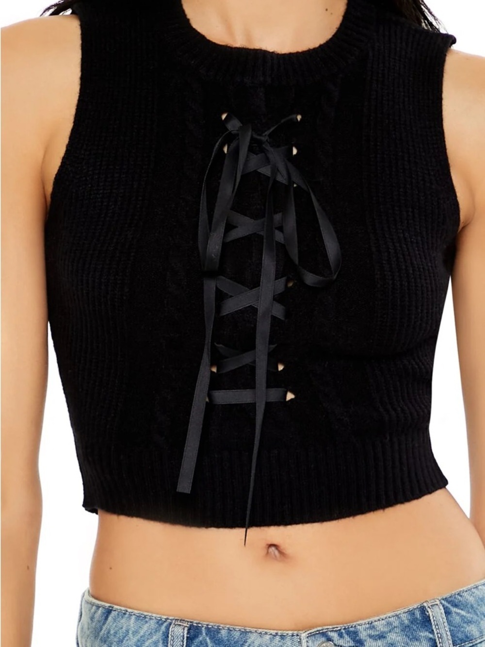 404. Black Lace-Up Knit Crop Top - Women Festival Y2K Casual Size Medium
